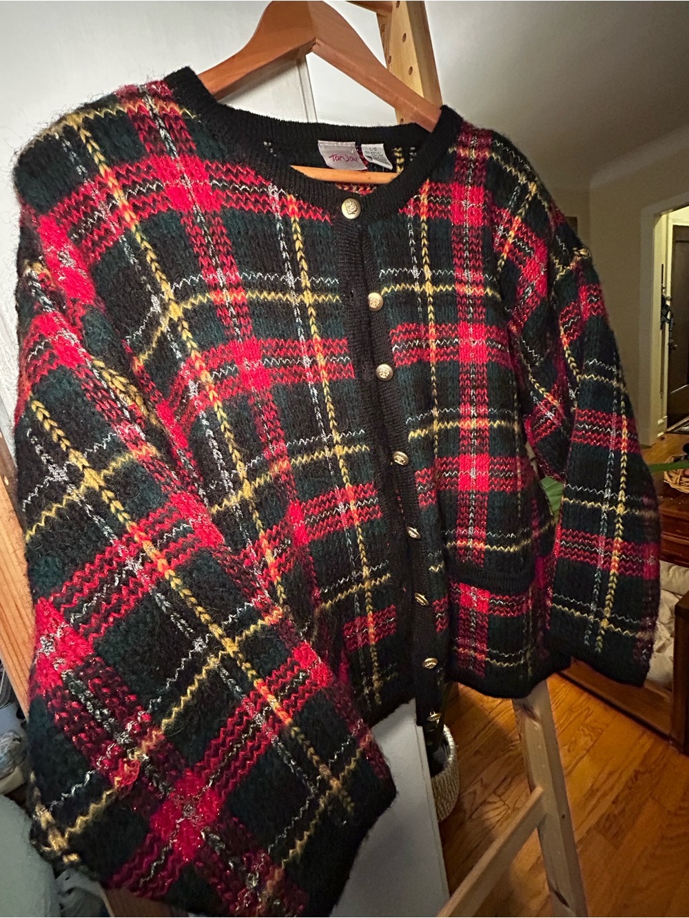 Vintage 90s Plaid TanJay Red and Black Plaid Cardigan made with Mohair Wool